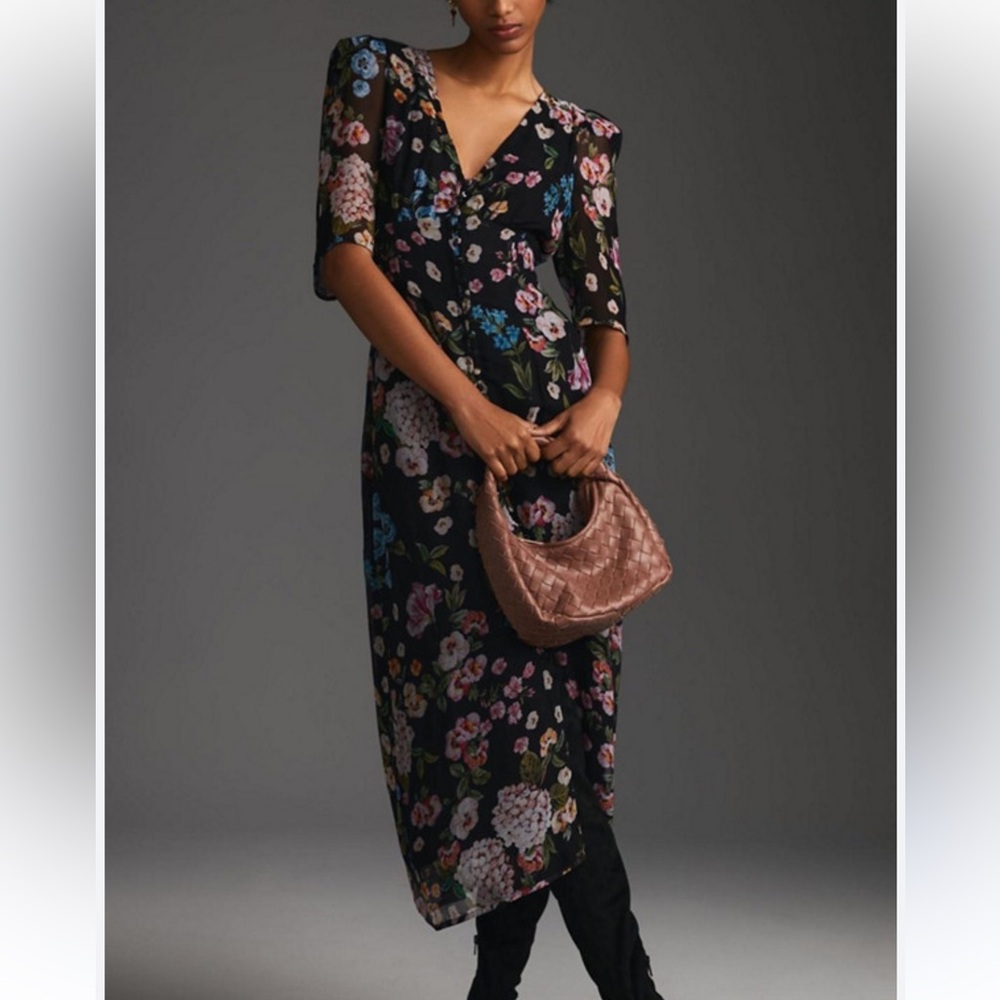 Anthropologie Black Floral Midi Dress with Multicolor Blossoms